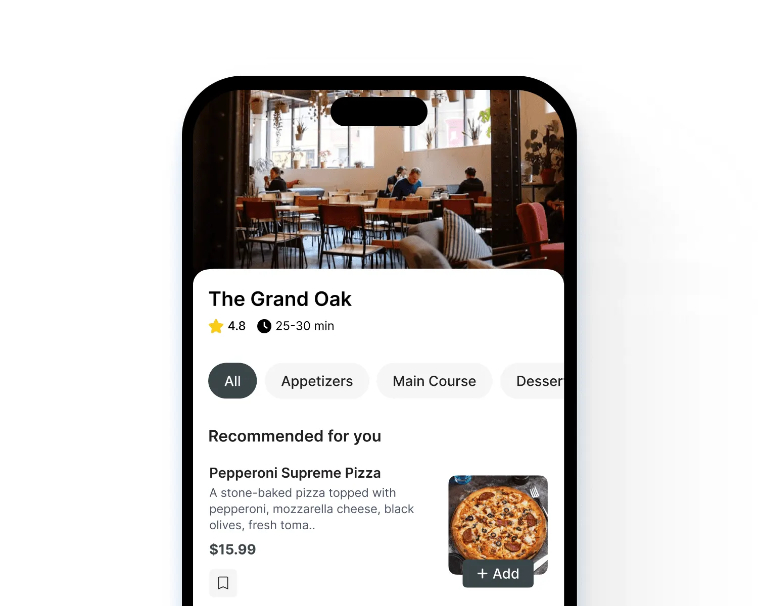 Screenshot of Growtality's mobile direct-ordering app showing a pizzeria menu with a Pepperoni Supreme Pizza item and an Add to cart button