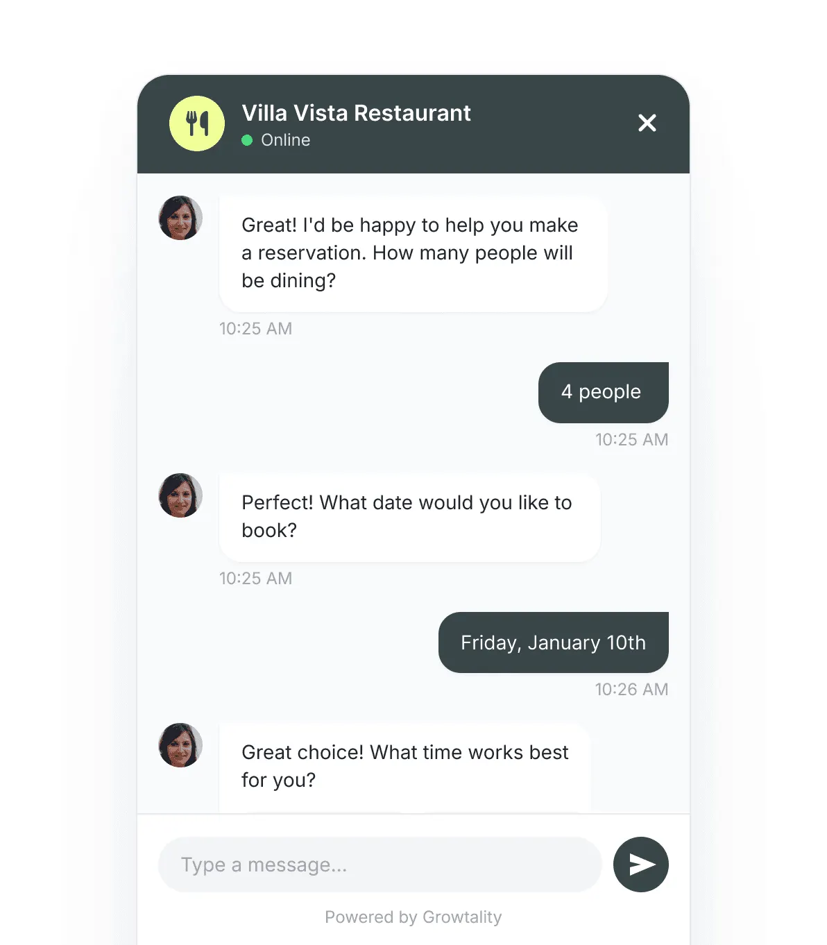Screenshot of Growtality's AI chat assistant booking a table reservation by asking party size, date, and time