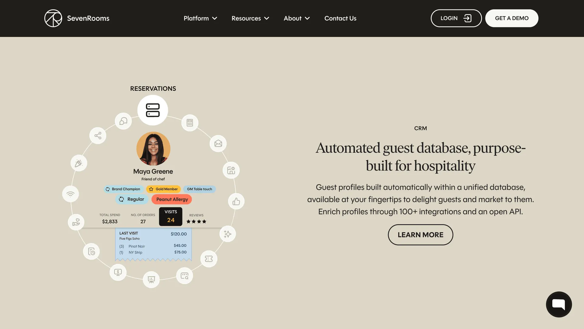 Screenshot of SevenRooms' website showing its CRM feature with an automated guest profile for a repeat diner