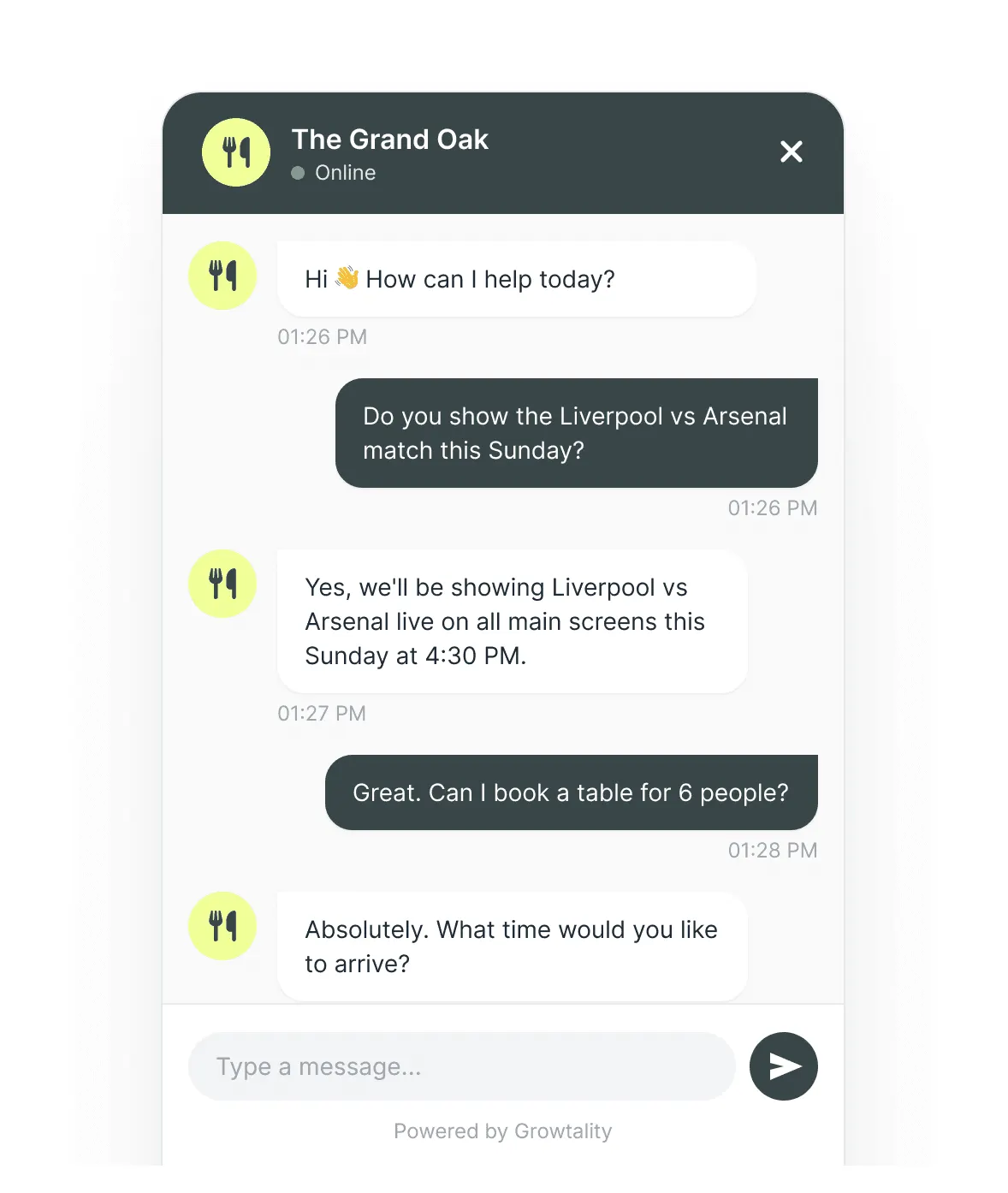 Screenshot of Growtality's AI chat widget answering a question about match screenings and booking a table for a pub