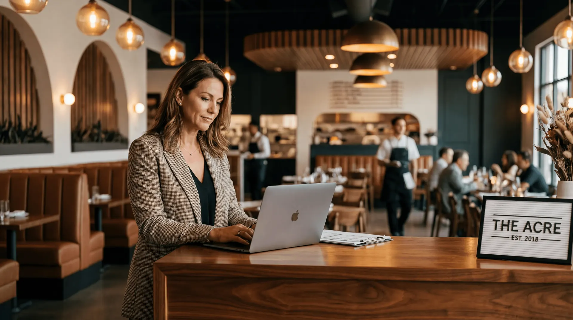Restaurant manager working on a laptop at the host stand of a busy restaurant called The Acre