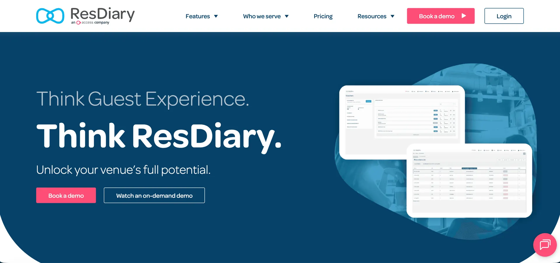 Screenshot of the ResDiary homepage advertising its restaurant booking and guest experience platform
