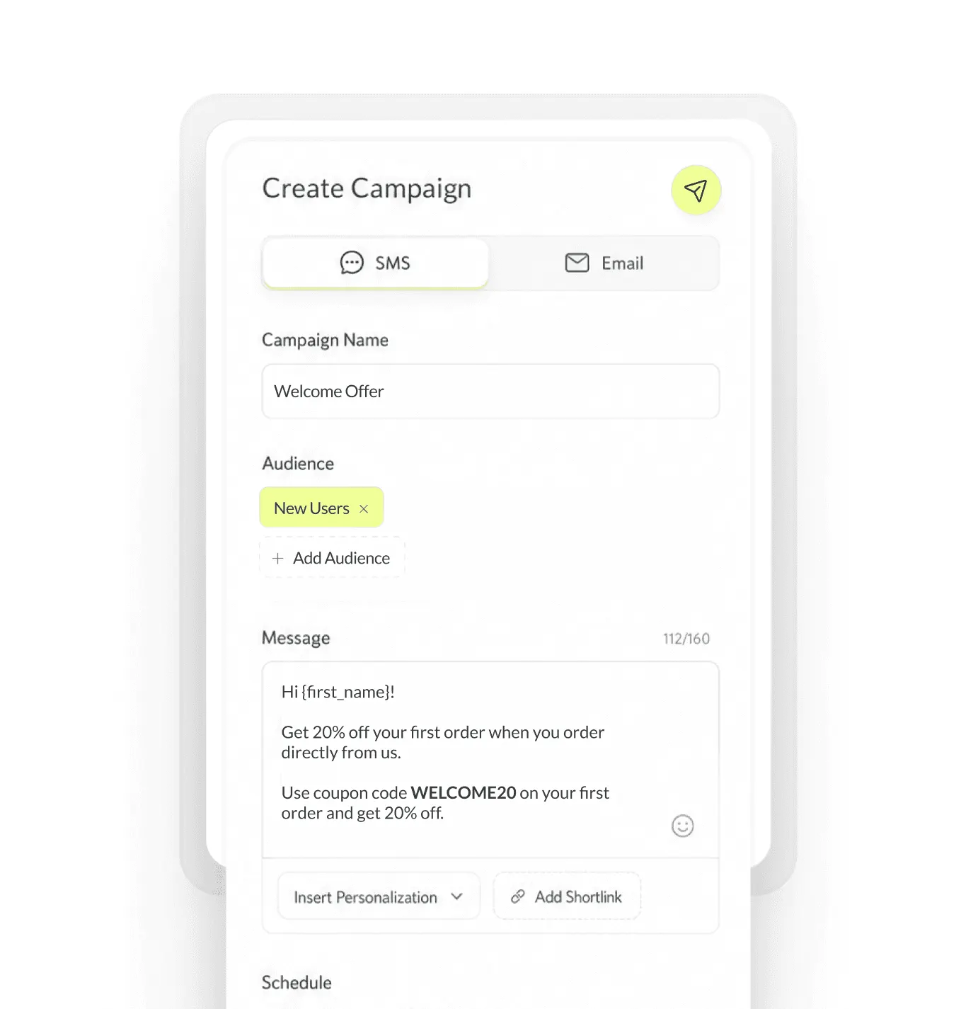 Screenshot of Growtality's campaign creator showing a Welcome Offer SMS with a 20 percent discount code for new customers