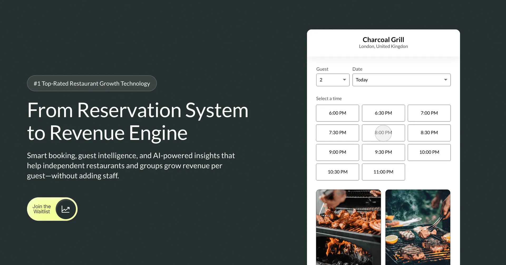 Growtality reservation widget for Charcoal Grill showing available time slots for booking a table