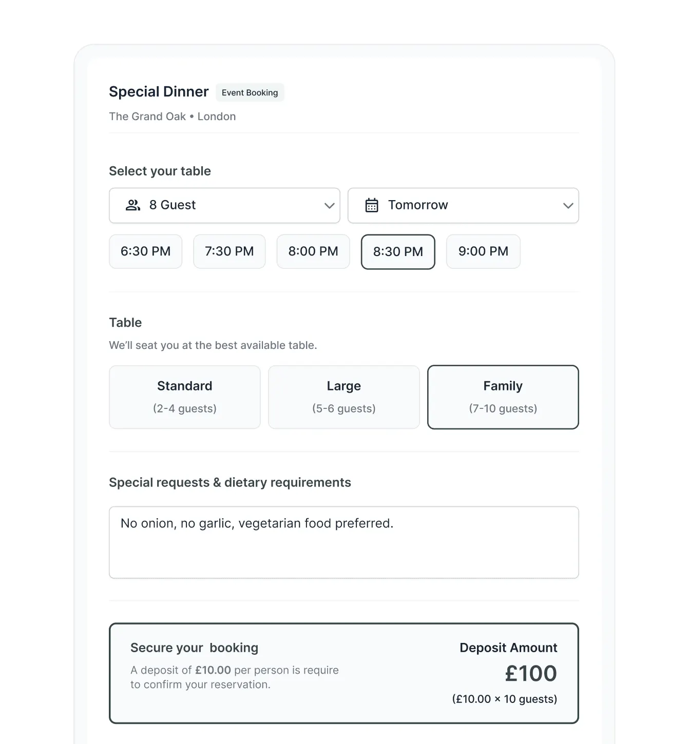 Screenshot of Growtality's event booking widget showing table selection, dietary requirements, and a deposit payment for a special dinner