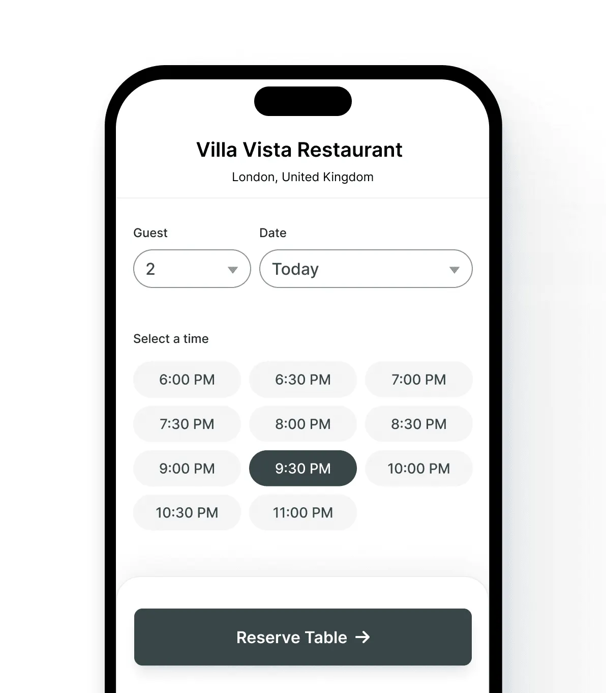Screenshot of Growtality's mobile booking widget showing guest count, date, and available reservation time slots