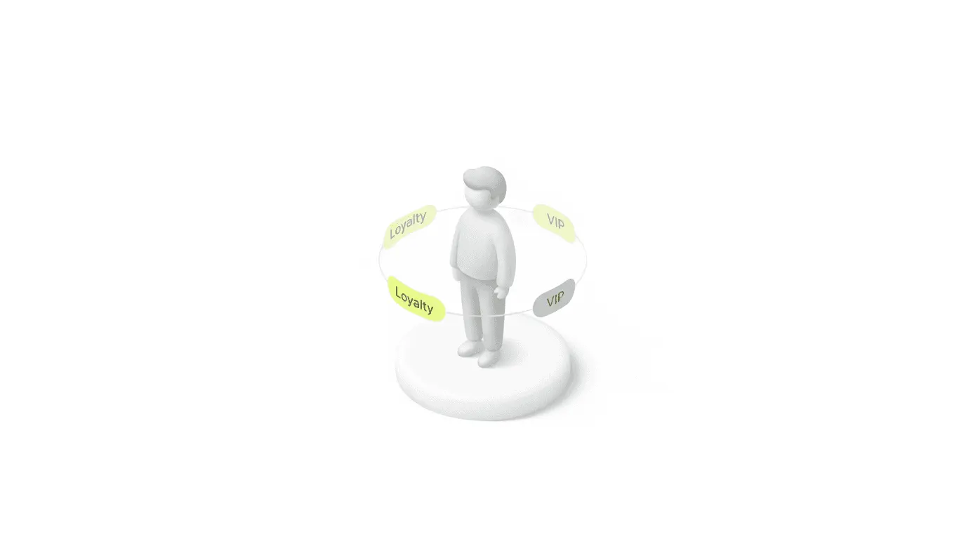 3D illustration of a customer surrounded by Loyalty and VIP status tags