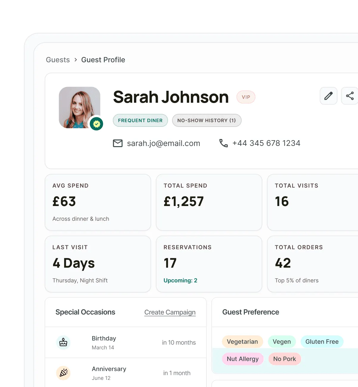 Screenshot of Growtality's guest CRM profile for a VIP customer named Sarah Johnson showing visit stats, special occasions, and dietary preferences