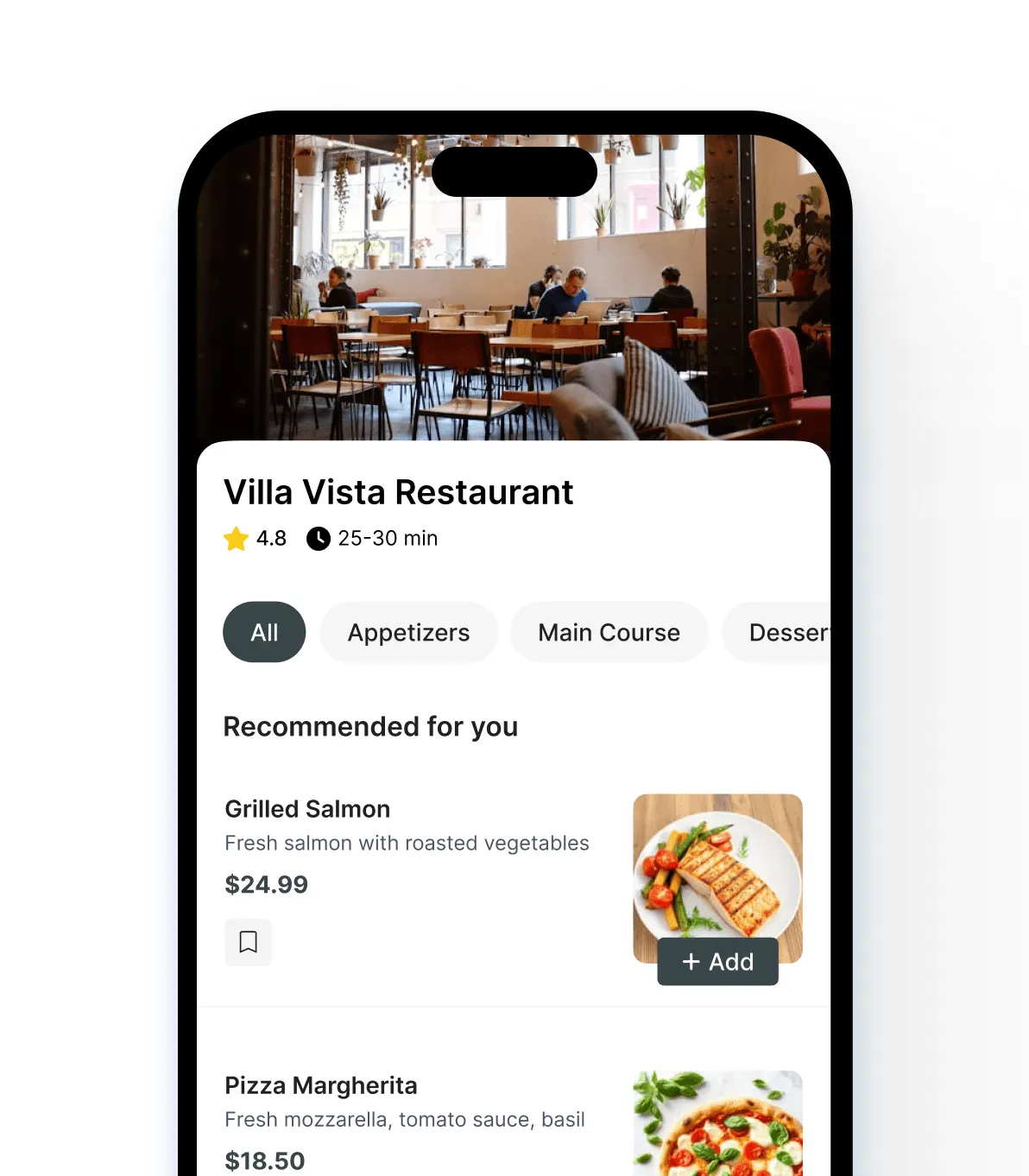 Screenshot of Growtality's mobile direct-ordering app showing a restaurant menu with categories and an Add to cart button