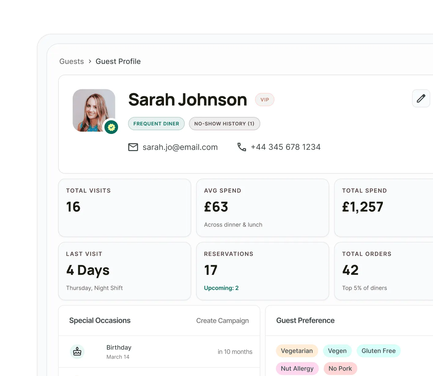 Screenshot of Growtality's guest CRM profile for a VIP customer named Sarah Johnson showing visit stats, special occasions, and dietary preferences