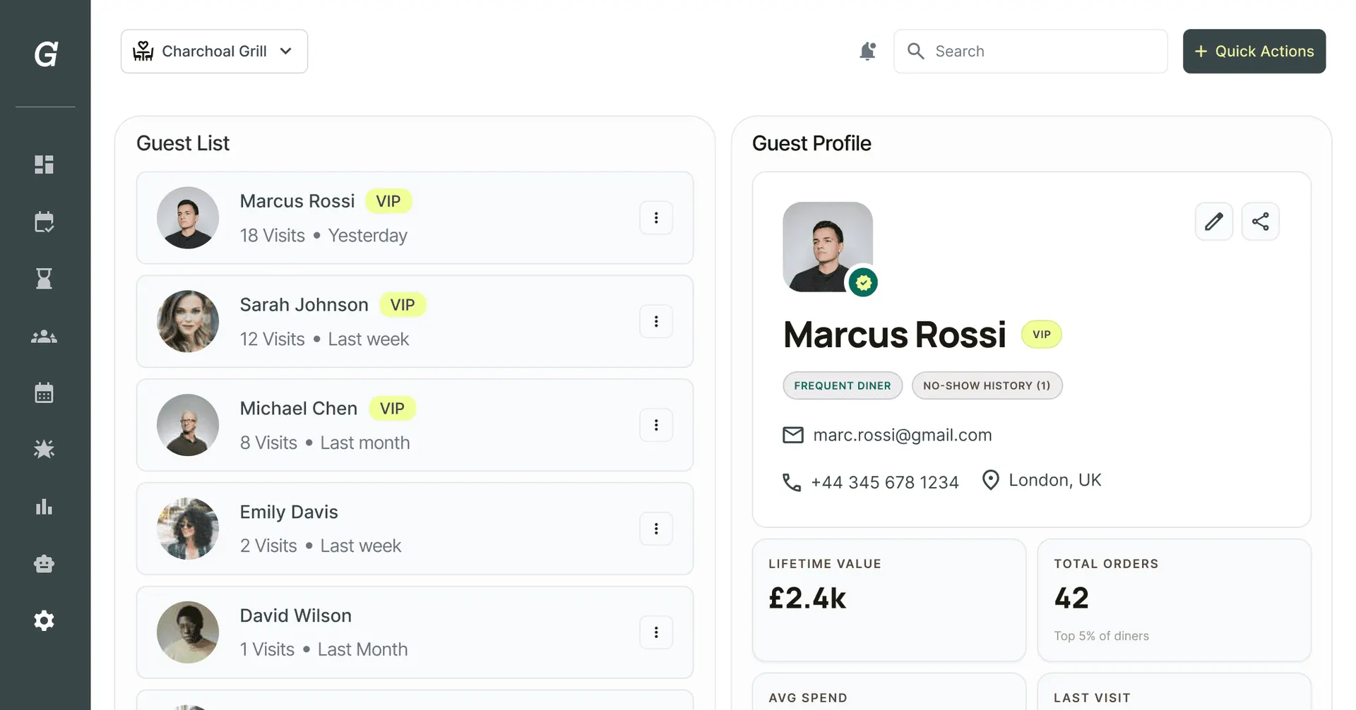 Screenshot of Growtality's guest CRM dashboard showing a guest list and detailed profile for a VIP customer with lifetime value and order stats