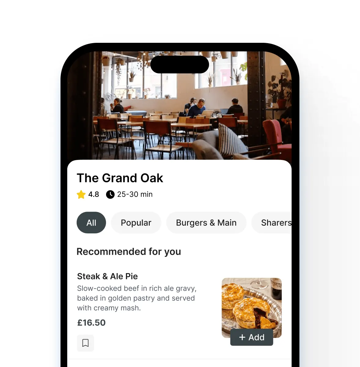 Screenshot of Growtality's mobile ordering app for a pub showing the menu and a Steak and Ale Pie item with an Add to cart button