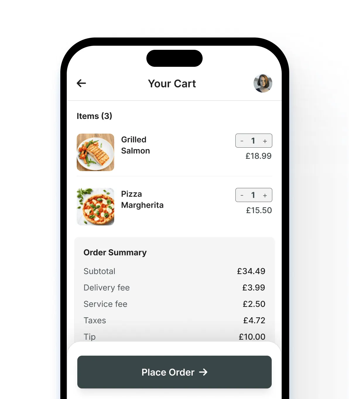 Screenshot of Growtality's mobile ordering app checkout showing a cart with items and an order summary breakdown