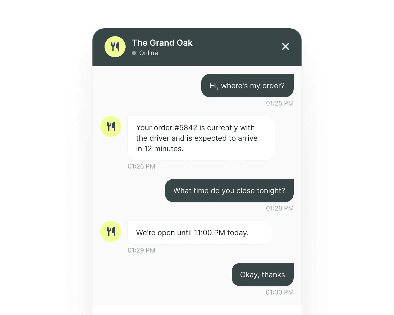 Screenshot of Growtality's AI chat widget answering an order status question and closing time for a takeaway