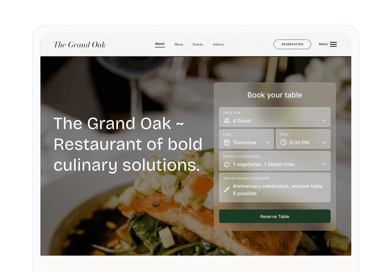 Screenshot of a restaurant website built with Growtality, showing an embedded table reservation widget with party size, date, and dietary requirement fields