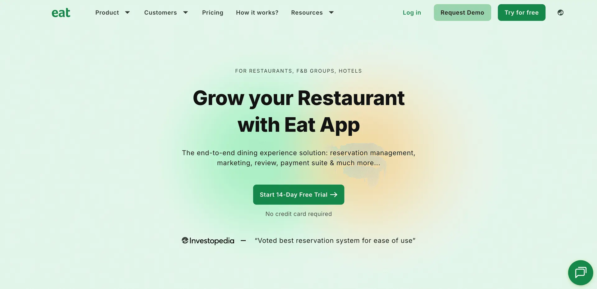 Screenshot of the Eat App homepage advertising its restaurant reservation and management platform