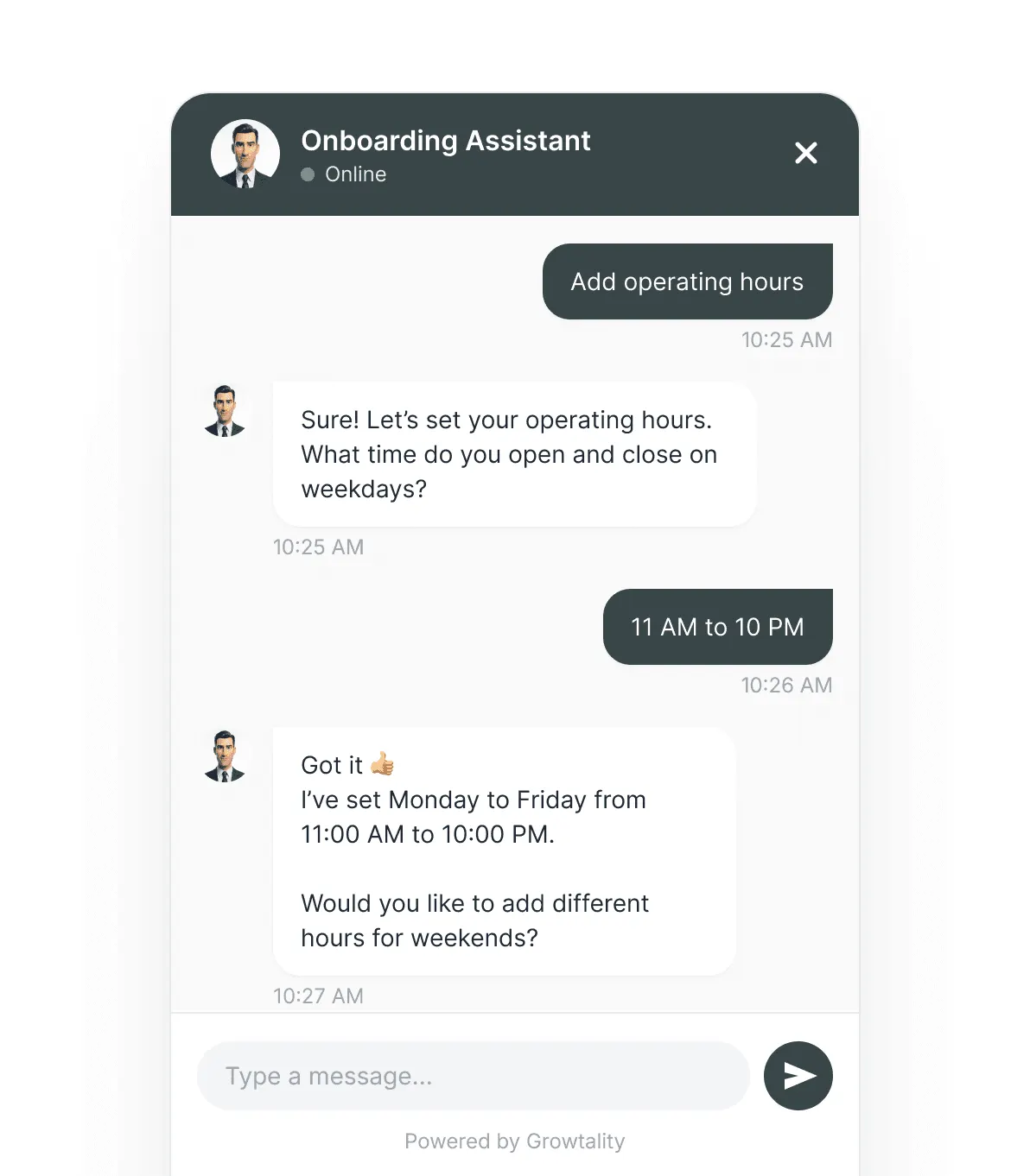 Screenshot of Growtality's OG onboarding assistant chat helping set a restaurant's operating hours