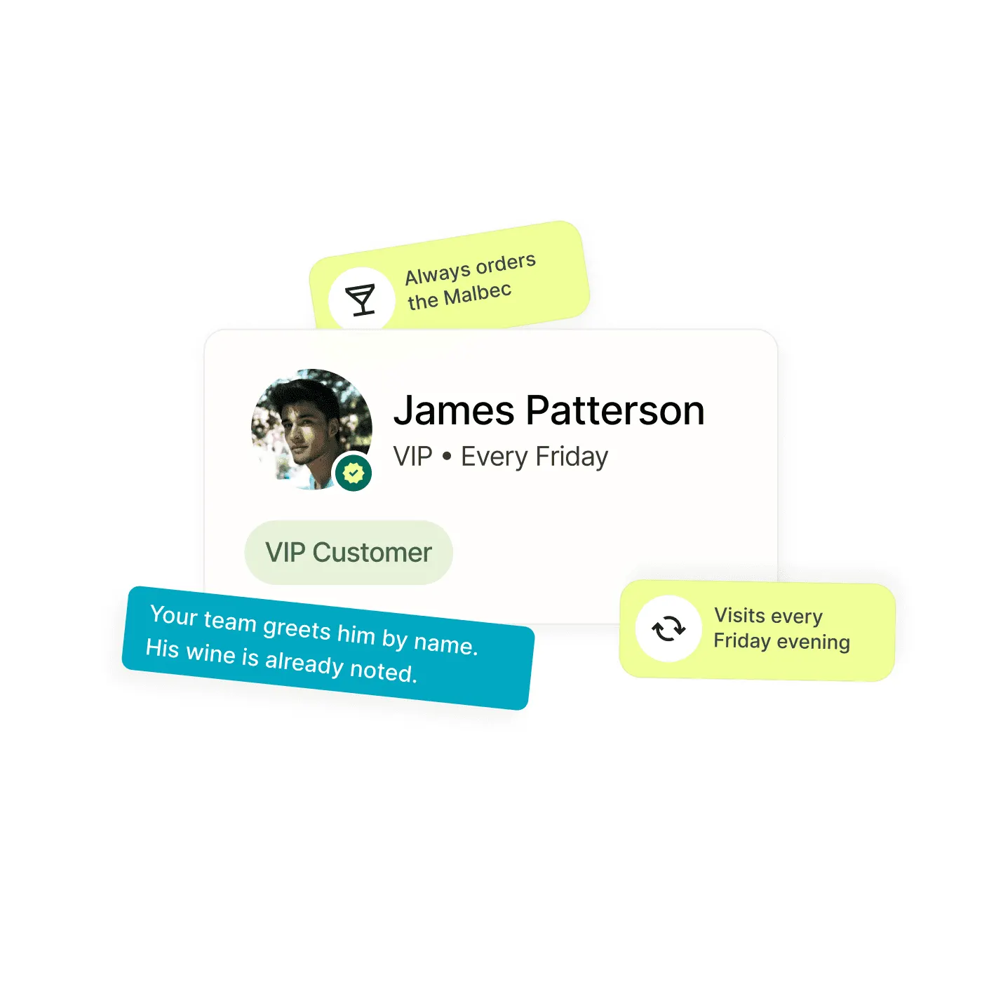 Guest profile card for a VIP customer named James Patterson showing his drink preference and weekly visit pattern