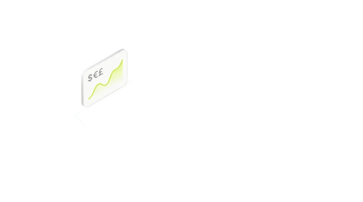 Illustration of a card showing an upward revenue growth chart with dollar, euro, and pound symbols