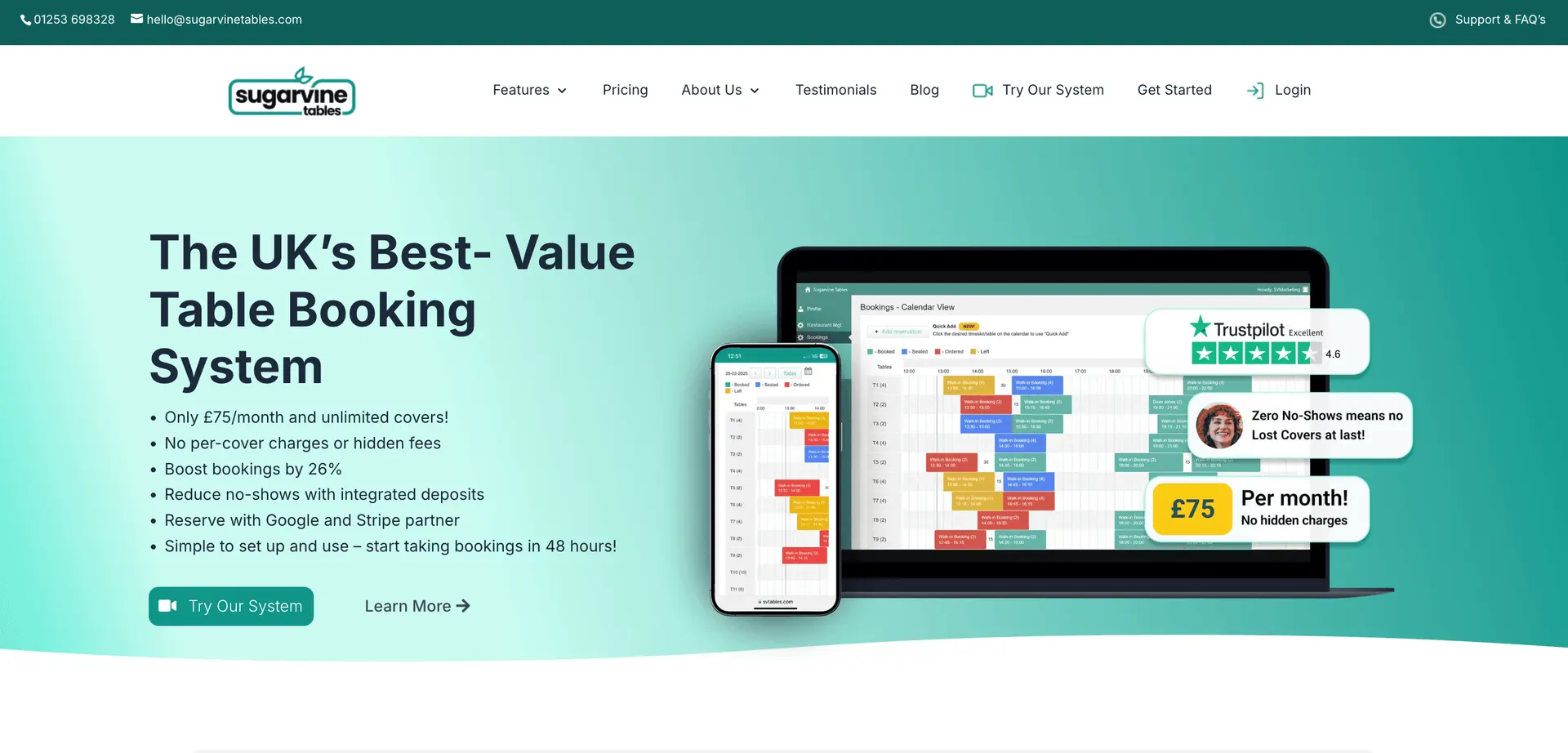 Screenshot of the Sugarvine Tables homepage advertising its UK table booking system with Trustpilot reviews and pricing