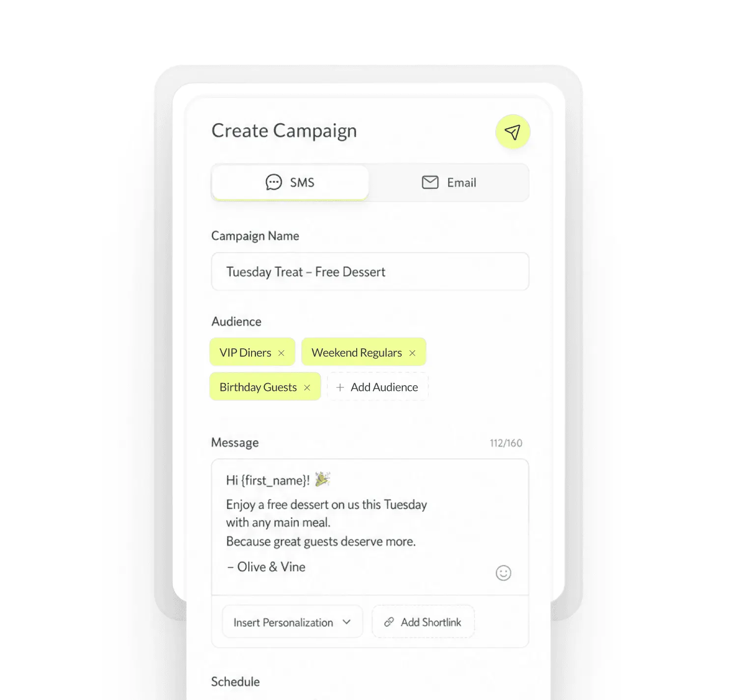 Screenshot of Growtality's campaign creator showing an SMS message targeting VIP Diners, Weekend Regulars, and Birthday Guests