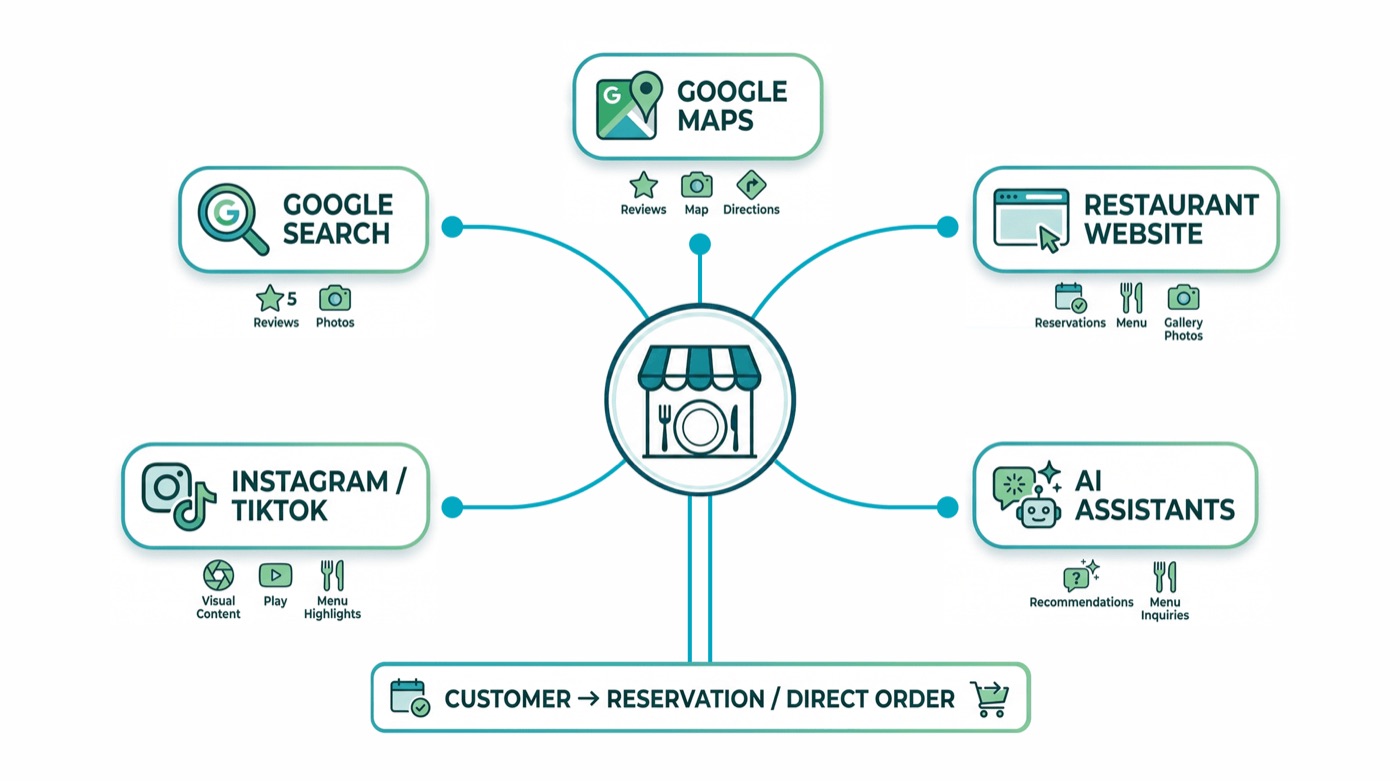 Diagram showing a restaurant’s five discovery channels — Google Maps, Google Search, restaurant website, Instagram/TikTok, and AI assistants — all funnelling customers to a reservation or direct order