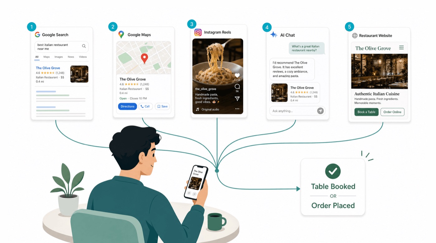 Illustration of a diner discovering a restaurant through five channels — Google Search, Google Maps, Instagram Reels, AI chat, and the restaurant’s website — all leading to a table booked or order placed
