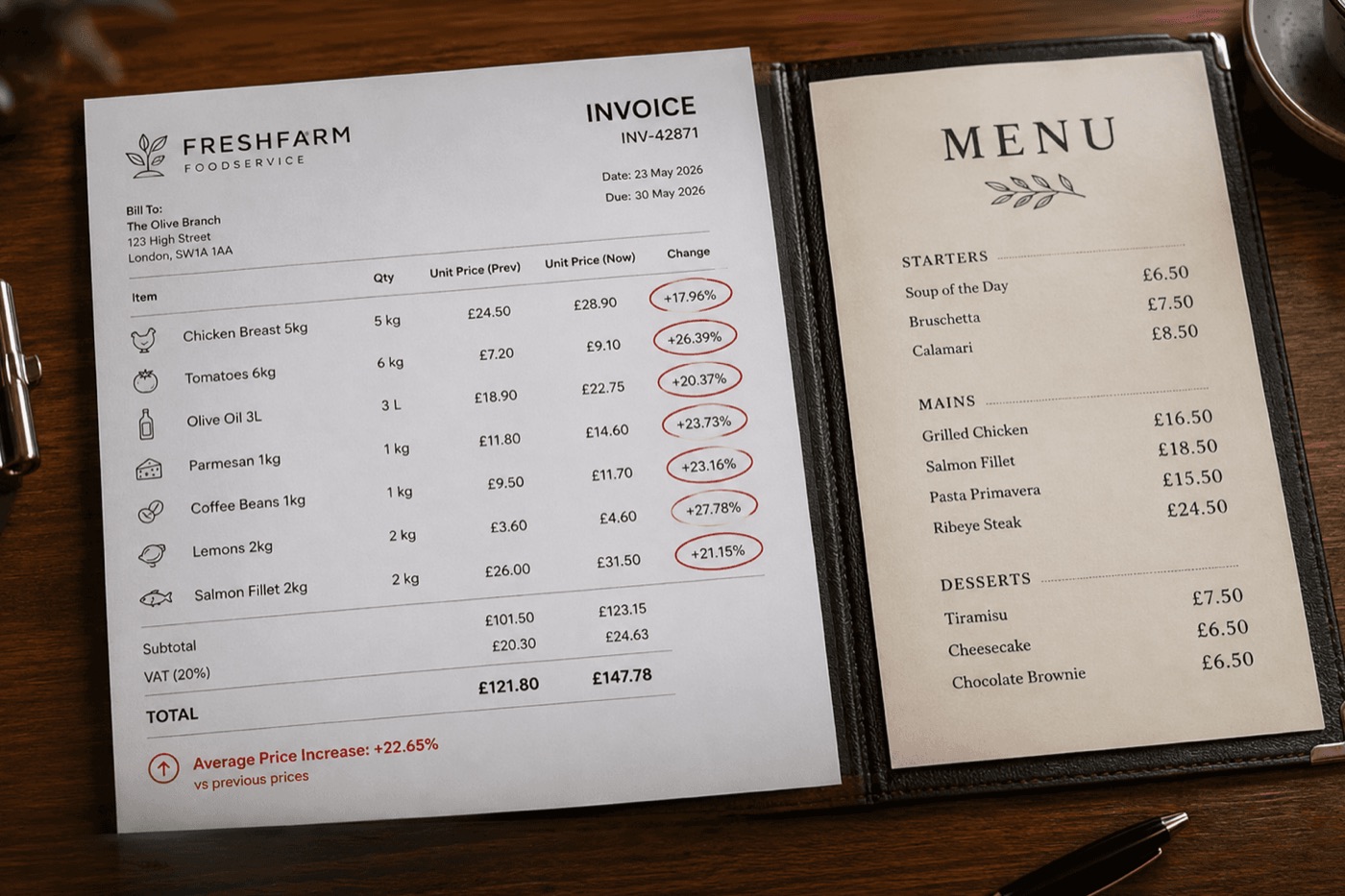 A supplier invoice showing 17-28% price increases on ingredients like chicken, tomatoes, and salmon circled in red, next to a printed restaurant menu with unchanged prices