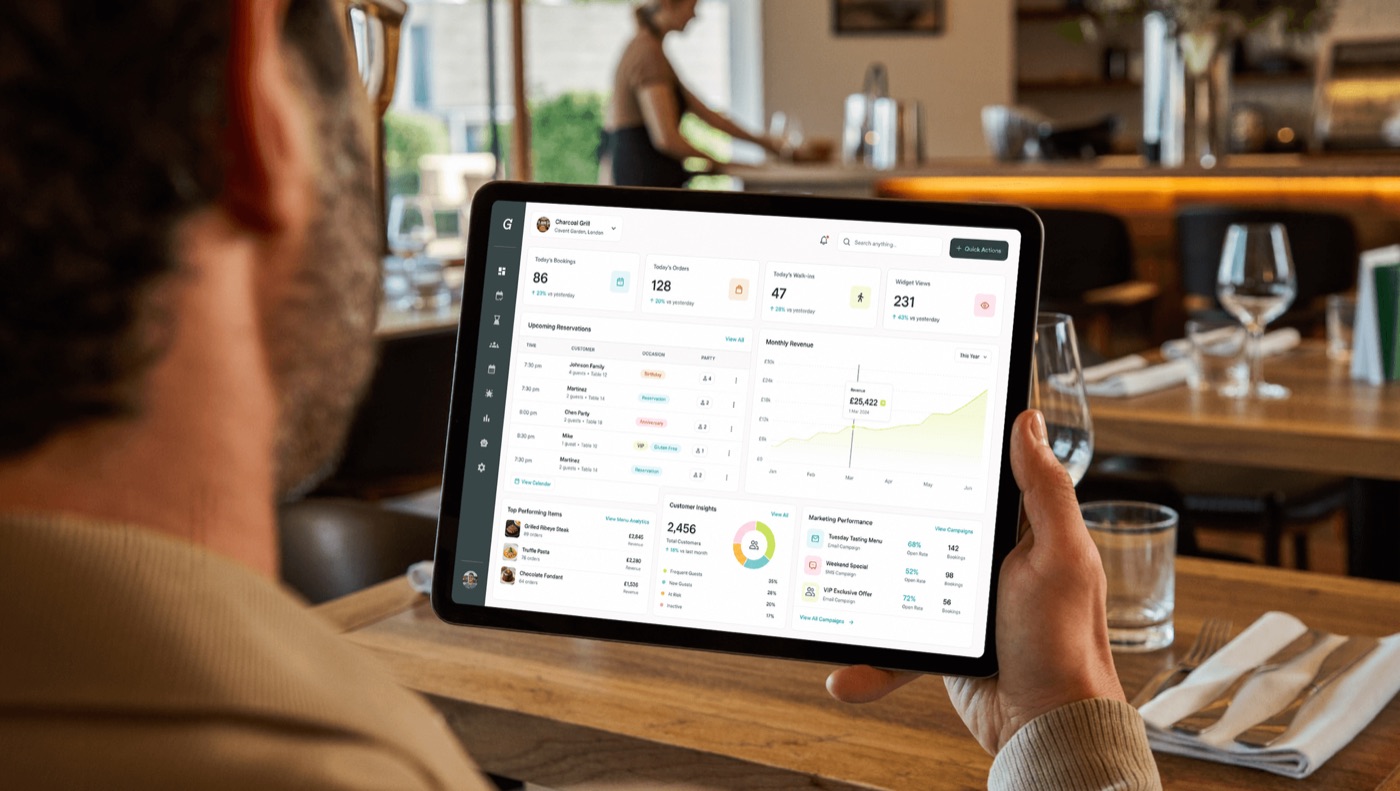 Person holding a tablet at a restaurant table showing Growtality’s dashboard with today’s bookings, orders, walk-ins, monthly revenue, and marketing performance