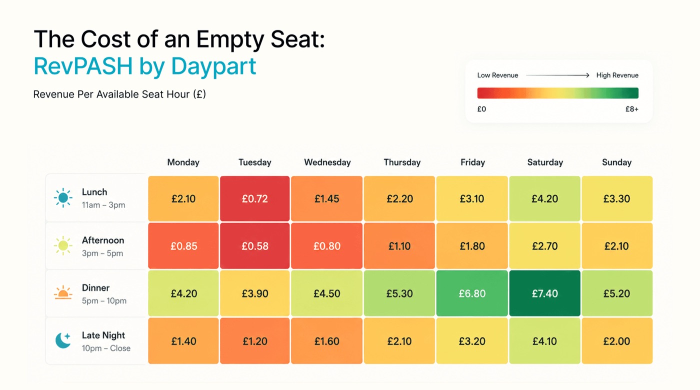 Heatmap of revenue per available seat hour by day and daypart, showing Tuesday afternoon as the lowest-revenue slot and Saturday dinner as the highest